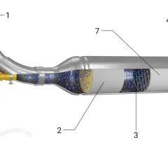 Schemat filtra cząstek stałych: wlot (1), filtr (2), katalizator (3), sonda lambda (4), wtryskiwacz AdBlue (5), wylot (6), cząstki stałe (7). Oczyszczanie spalin samochodowych.