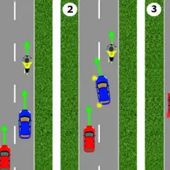 Ilustracja pokazuje, jak włączyć kierunkowskazy zbyt późno. Scenki 1-3 pokazują niebezpieczne sytuacje na drodze z udziałem samochodu i motocykla.