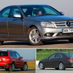 Trzy Mercedesy: szary sedan, czerwony SUV i brązowy sedan. Ten pierwszy to prawdopodobnie mercedes cdi 220.