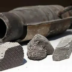 Rozcięty katalizator samochodowy z widocznym wkładem ceramicznym o strukturze plastra miodu.