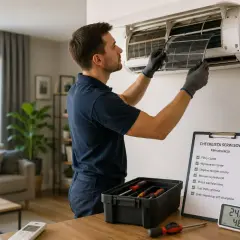 Technik w rękawiczkach wyjmuje filtr z klimatyzatora. Obok skrzynka z narzędziami i lista kontrolna.