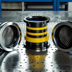 Trzy metalowe elementy, jeden z żółto-czarnymi pasami, na metalowej powierzchni.