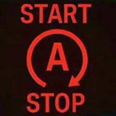 Czerwona kontrolka "START-STOP" z literą "A" w okręgu. System automatycznie wyłącza i uruchamia silnik, oszczędzając paliwo.