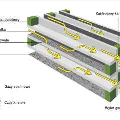 Schemat budowy filtra cząstek stałych (DPF) z przepływem gazów spalinowych i zatrzymanymi cząstkami stałymi.