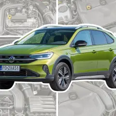 Zielony Volkswagen Taigo z czarnym dachem i relingami, na tle schematycznego silnika.