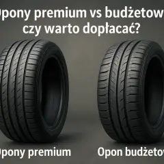 Dwie opony samochodowe: jedna premium, druga budżetowa, na ciemnym tle.