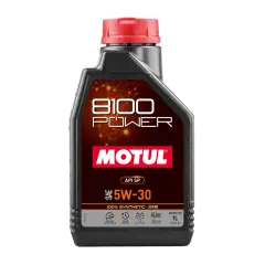 Czarna butelka oleju silnikowego Motul 8100 Power 5W-30 1L z czerwonym korkiem.