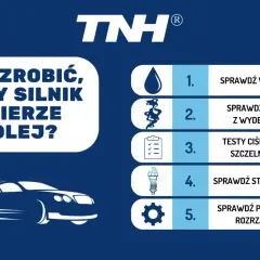 Grafika z napisem "Co zrobić, gdy silnik bierze olej?" i ikonami: kropla, dym, lista, świeca, koło zębate.