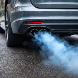 Z rury wydechowej samochodu wydobywają się niebieskawe spaliny, unosząc się nad mokrą nawierzchnią drogi.