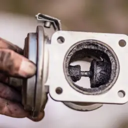 Brudny zawór EGR, pełen nagaru, w rękach mechanika.