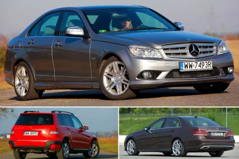 Trzy Mercedesy: szary sedan, czerwony SUV i brązowy sedan. Ten pierwszy to prawdopodobnie mercedes cdi 220.