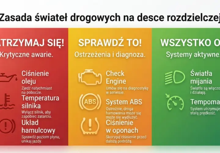 Grafika przedstawia trzy kolumny: czerwoną (zatrzymaj się), żółtą (sprawdź) i zieloną (wszystko ok) z ikonami i opisami kontrolek na desce rozdzielczej.