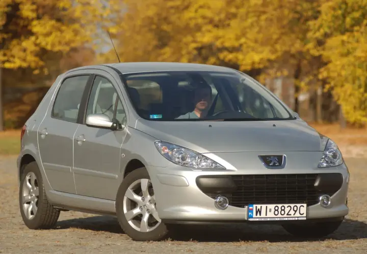 Srebrny Peugeot 307 na tle jesiennych drzew. Kierowca zastanawia się, jakie żarówki wybrać do swojego auta.