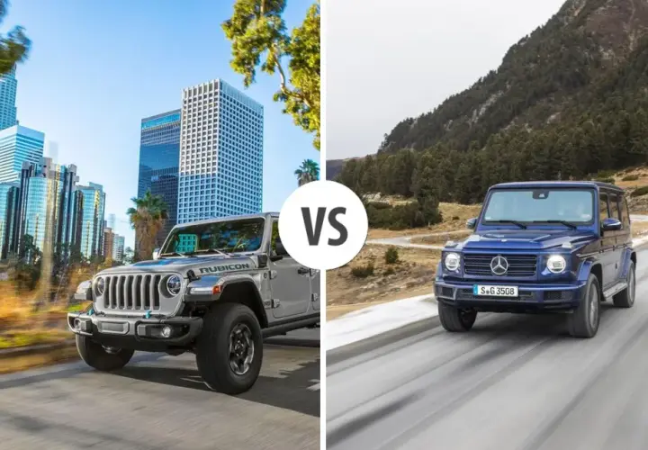 Szary Jeep Rubicon na tle miasta kontra niebieski Mercedes G-klasa na górskiej drodze.