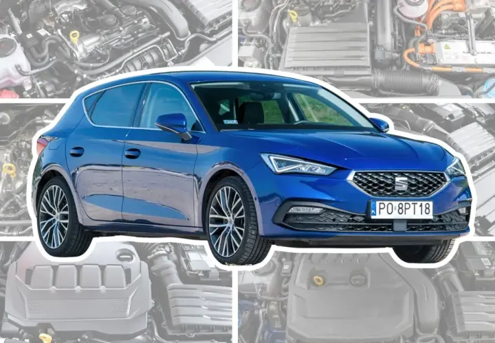 Niebieski Seat Leon 1 z nowoczesnym przodem, otoczony schematami silników.