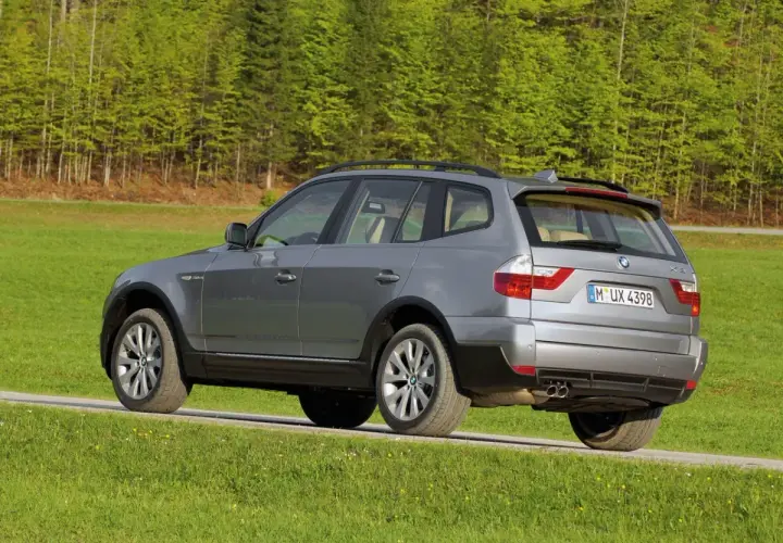 Szary BMW E83 na tle zielonego lasu i łąki.