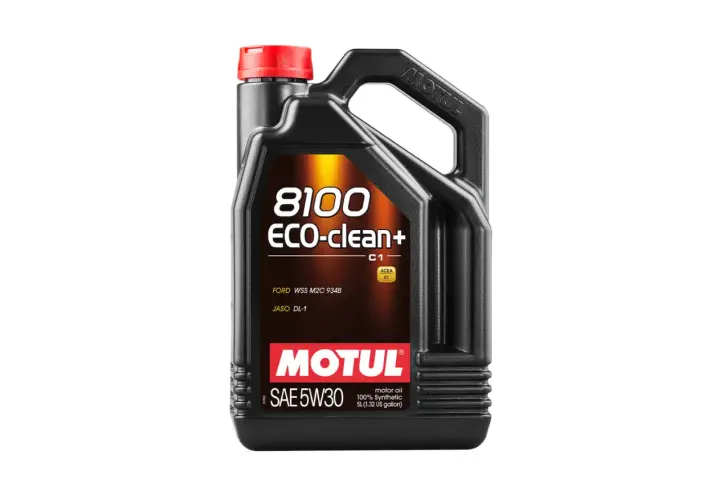 Czarny kanister oleju silnikowego Motul 8100 ECO-clean+ 5W30 z czerwonym korkiem.