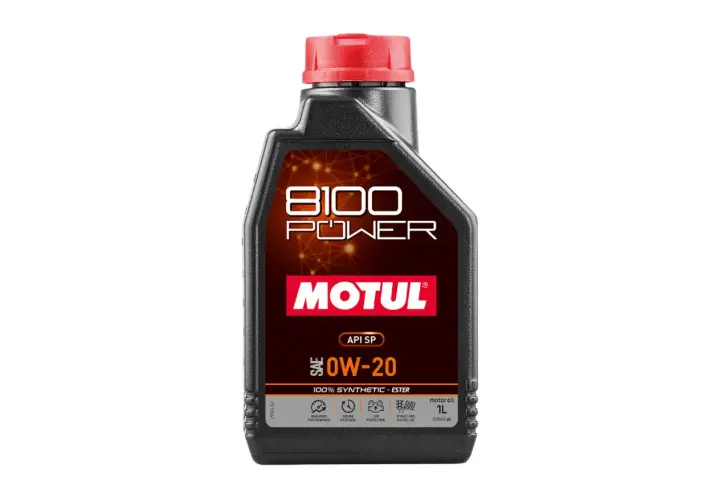 Czarna butelka oleju silnikowego Motul 8100 Power 0W-20 1L z czerwonym korkiem.