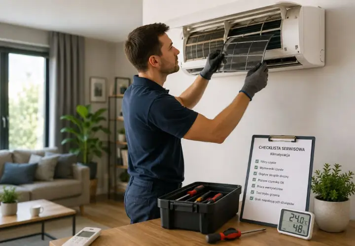 Technik w rękawiczkach wyjmuje filtr z klimatyzatora. Obok skrzynka z narzędziami i lista kontrolna.