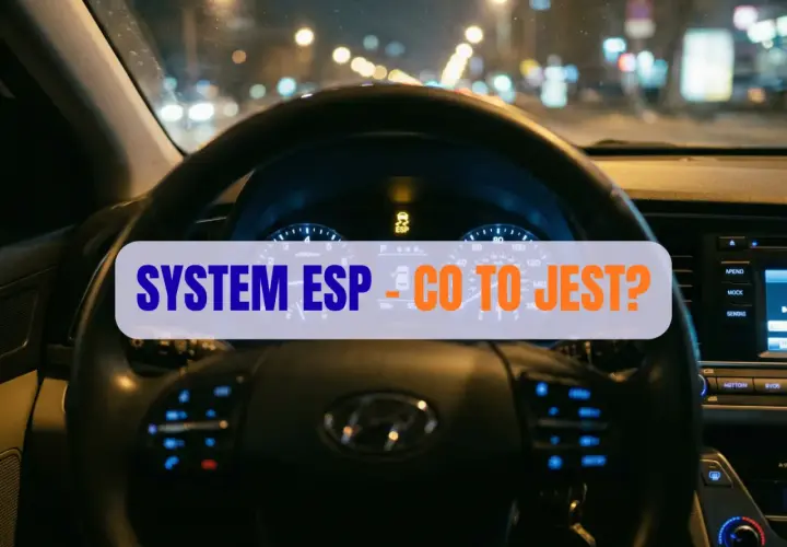 Widok na deskę rozdzielczą samochodu nocą. Na ekranie świeci się kontrolka ESP, a na kierownicy napis "SYSTEM ESP - CO TO JEST?".