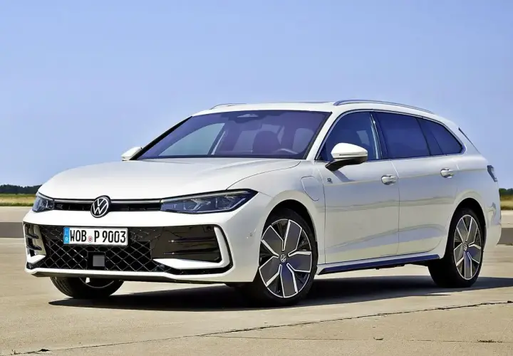 Biały Volkswagen Passat B9 Variant z nowoczesnymi felgami stoi na betonie, z błękitnym niebem w tle.