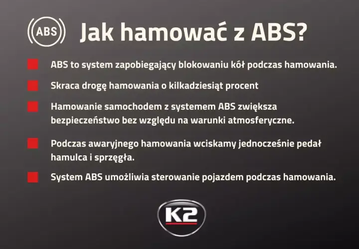 Jak hamować z ABS? System zapobiega blokowaniu kół, skraca drogę hamowania i zwiększa bezpieczeństwo. Podczas awaryjnego hamowania wciskaj pedał hamulca i sprzęgła. ABS pozwala sterować pojazdem.