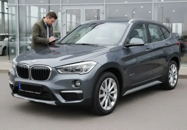 Szary BMW X1 F48 przed salonem, mężczyzna spisuje dane na kartce.