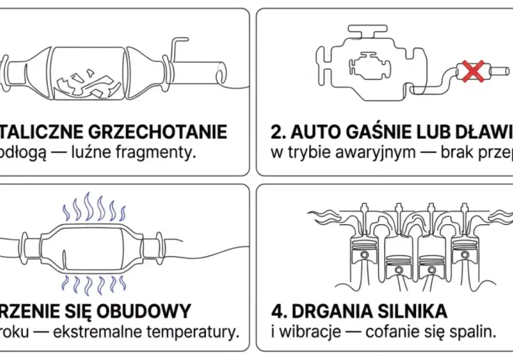 Objawy uszkodzonego katalizatora: grzechotanie, gaśnięcie auta, żarzenie obudowy, drgania silnika.