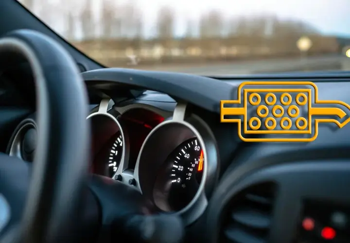 Wnętrze samochodu z ikoną filtra DPF na desce rozdzielczej.
