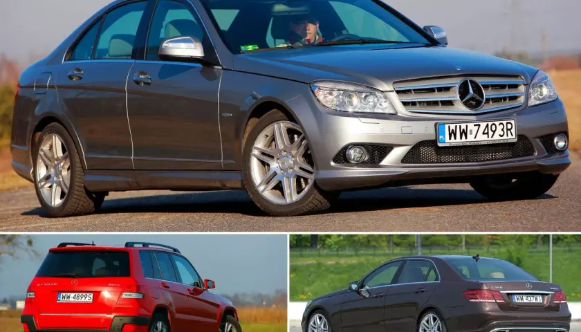 Trzy Mercedesy: szary sedan, czerwony SUV i brązowy sedan. Ten pierwszy to prawdopodobnie mercedes cdi 220.