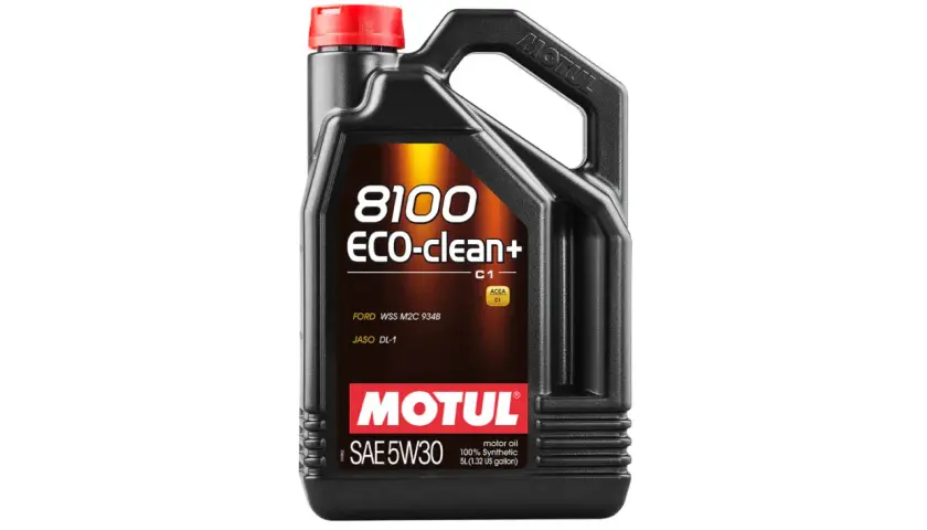 Czarny kanister oleju silnikowego Motul 8100 ECO-clean+ 5W30 z czerwonym korkiem.