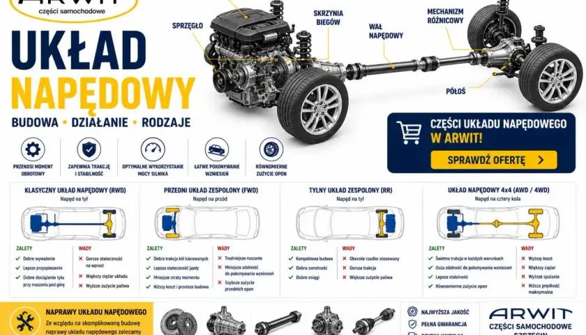Schemat układu napędowego: silnik, skrzynia biegów, wał napędowy, mechanizm różnicowy, półosie. Poznaj rodzaje napędów i części samochodowe w ARWIT.