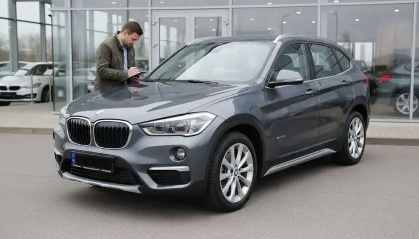 Szary BMW X1 F48 przed salonem, mężczyzna spisuje dane na kartce.