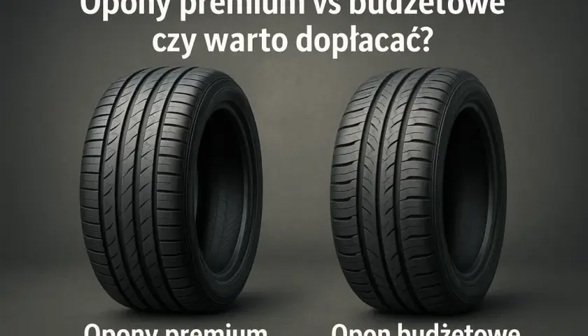 Dwie opony samochodowe: jedna premium, druga budżetowa, na ciemnym tle.