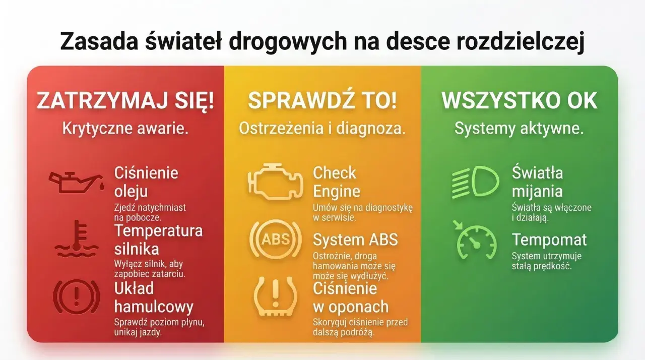 Grafika przedstawia trzy kolumny: czerwoną (zatrzymaj się), żółtą (sprawdź) i zieloną (wszystko ok) z ikonami i opisami kontrolek na desce rozdzielczej.