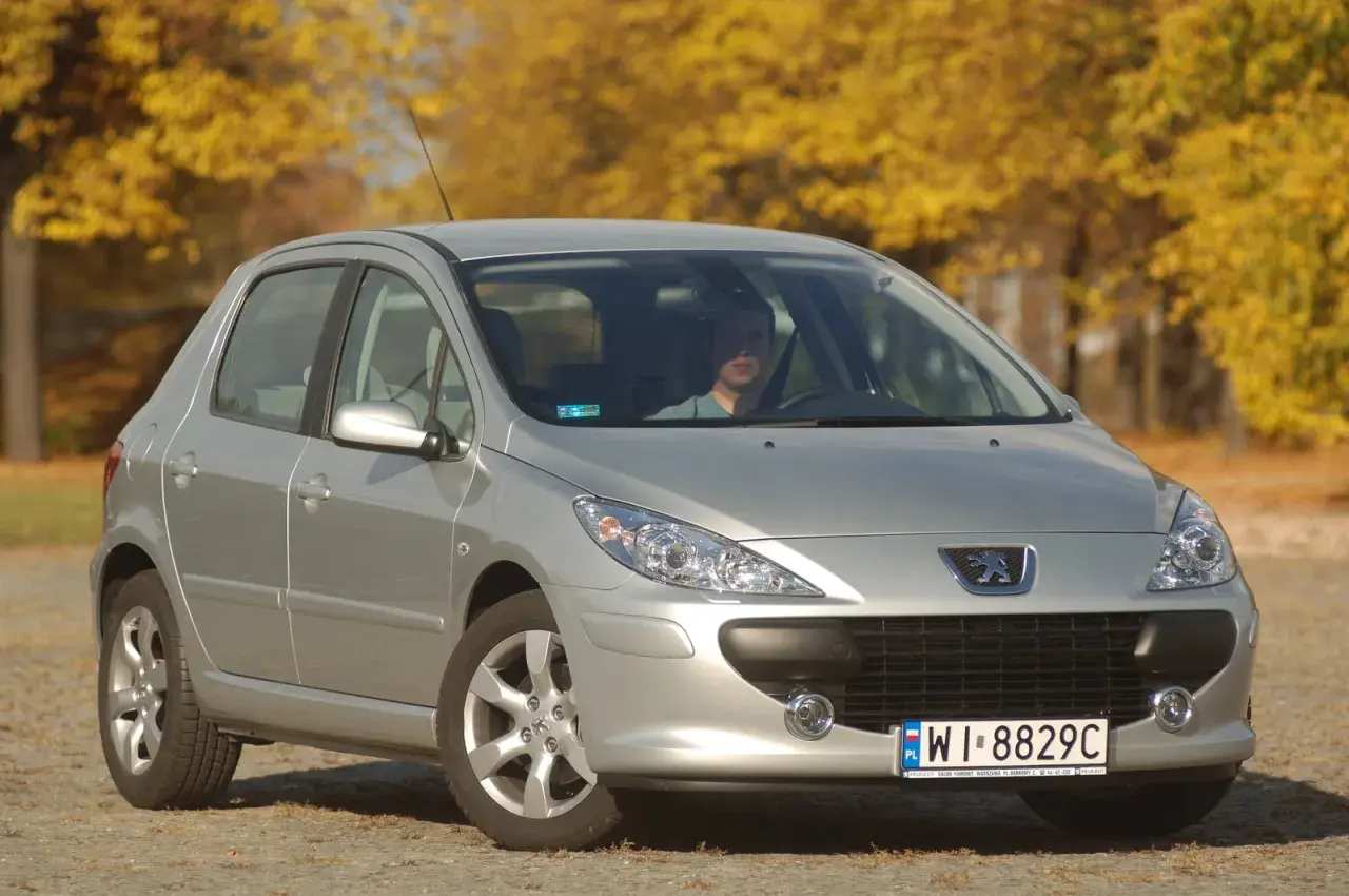 Srebrny Peugeot 307 na tle jesiennych drzew. Kierowca zastanawia się, jakie żarówki wybrać do swojego auta.