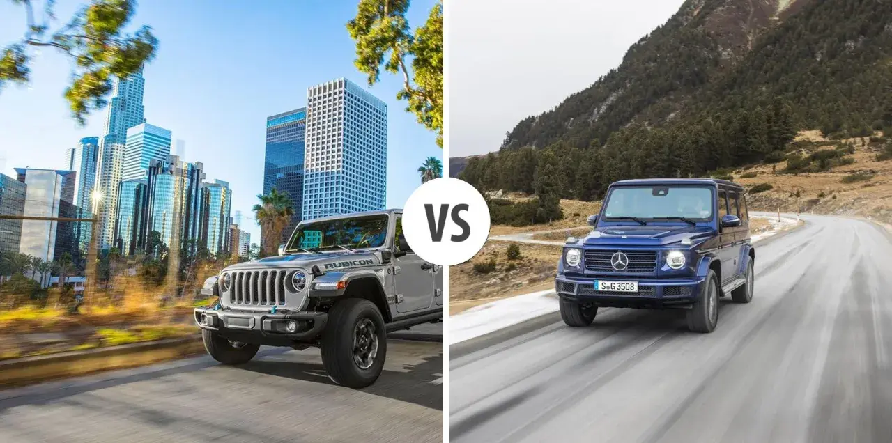 Szary Jeep Rubicon na tle miasta kontra niebieski Mercedes G-klasa na górskiej drodze.