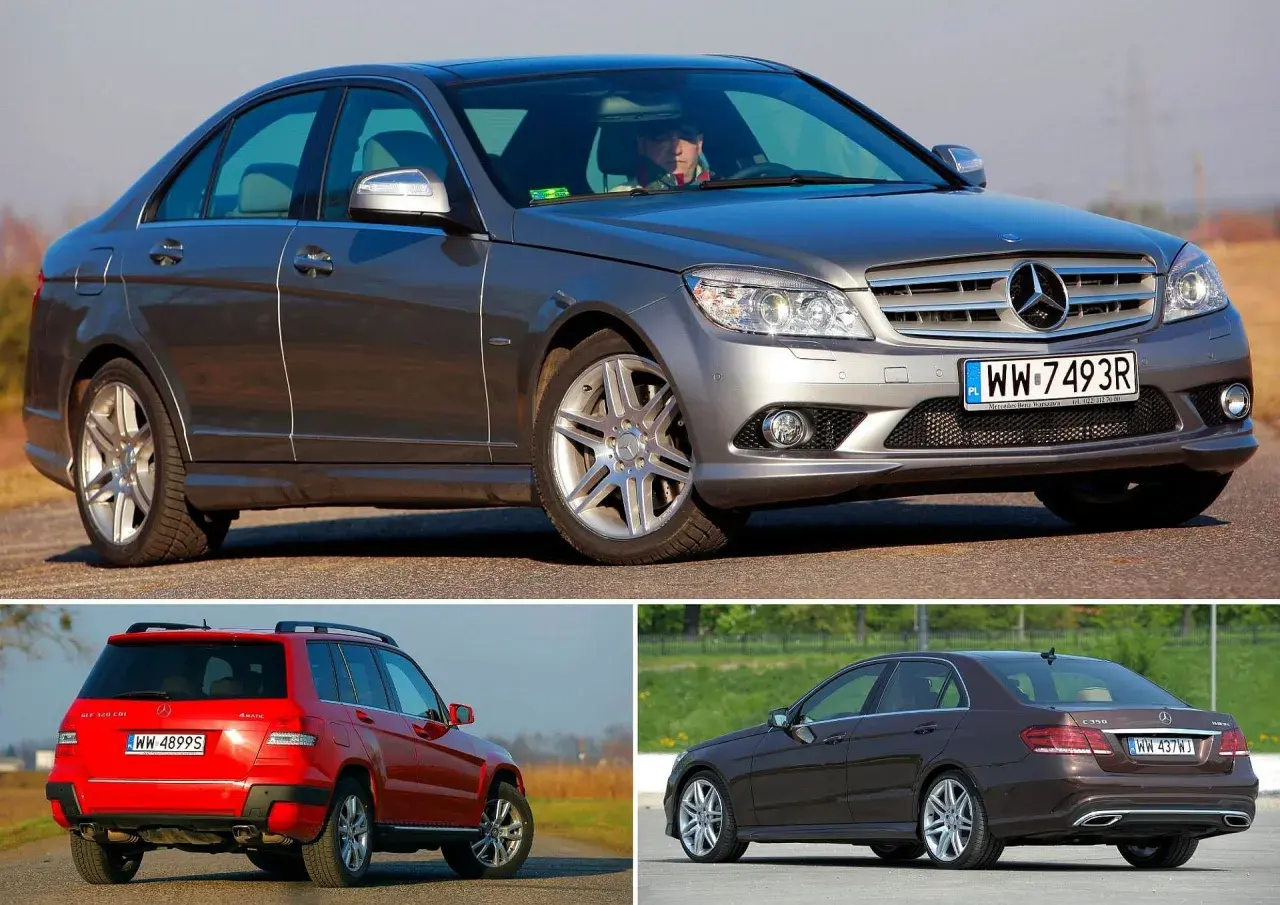 Trzy Mercedesy: szary sedan, czerwony SUV i brązowy sedan. Ten pierwszy to prawdopodobnie mercedes cdi 220.