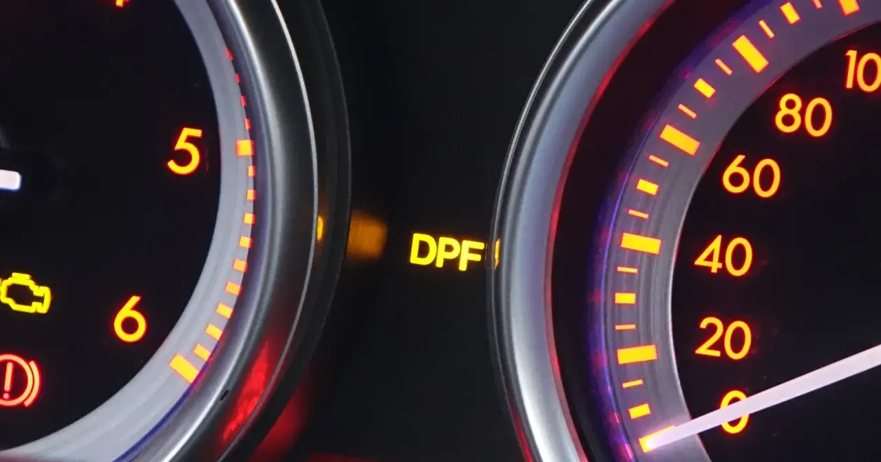 Na desce rozdzielczej Hyundai ix35 świeci się żółta kontrolka DPF, sygnalizując problem z filtrem cząstek stałych.
