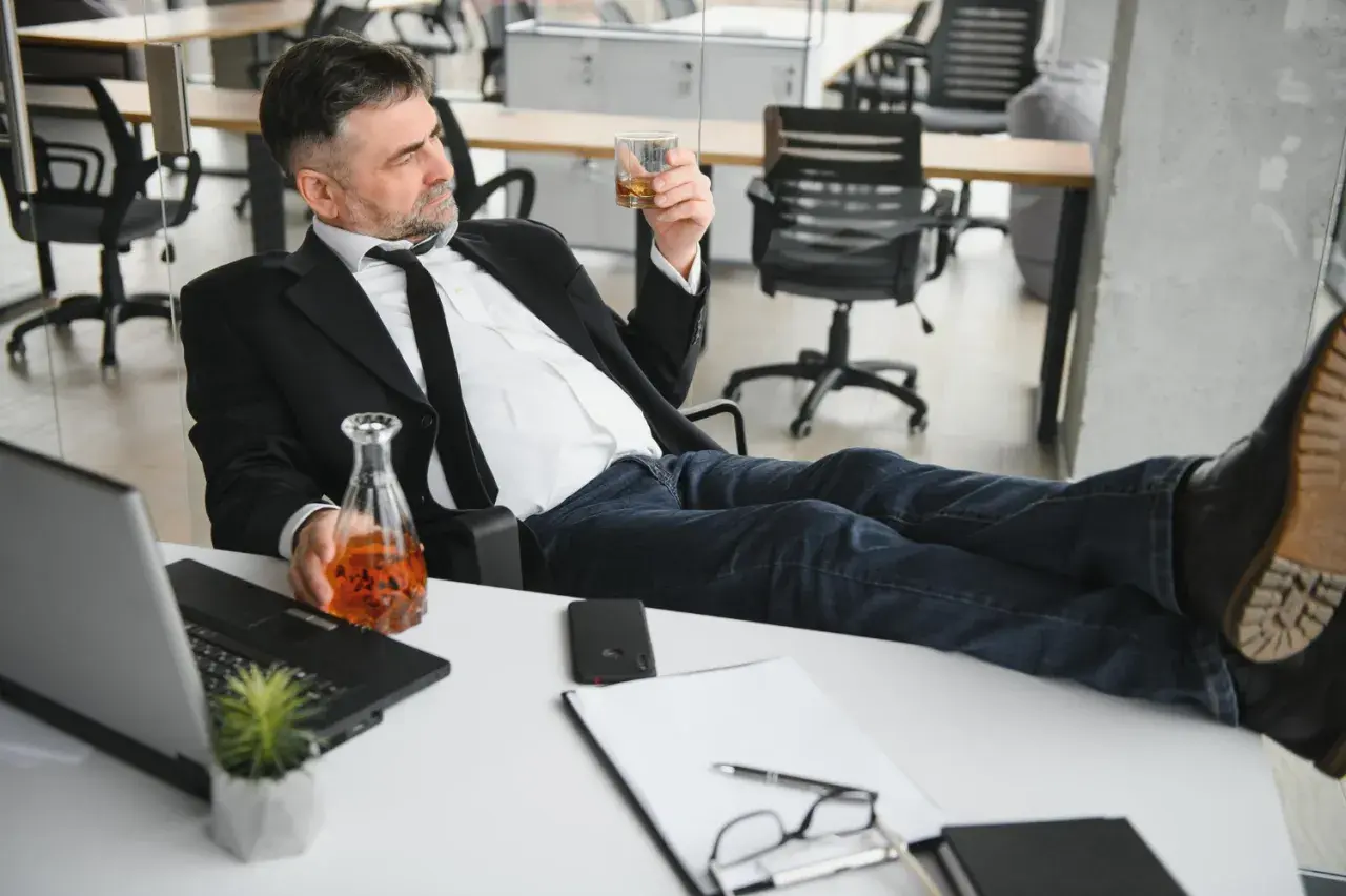 Mężczyzna w garniturze z alkoholem w ręku, zastanawia się, czy pracodawca może sprawdzać alkomatem.