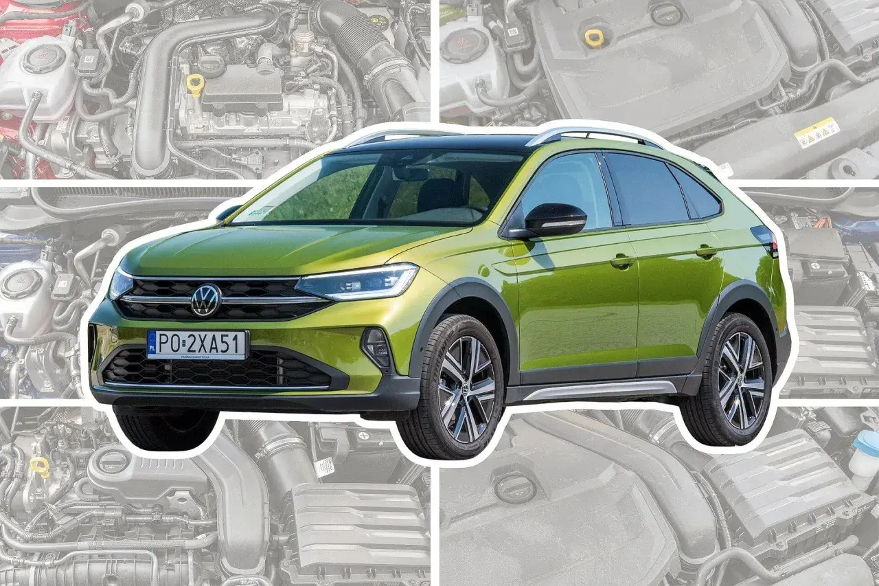 Zielony Volkswagen Taigo z czarnym dachem i relingami, na tle schematycznego silnika.