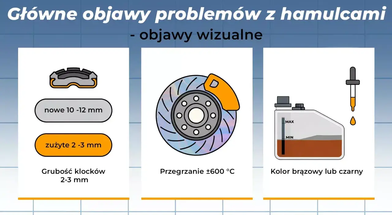 Wizualne objawy problemów z hamulcami: zużyte klocki (2-3 mm), przegrzana tarcza (600°C), płyn hamulcowy brązowy/czarny. Tak działa zacisk hamulcowy.