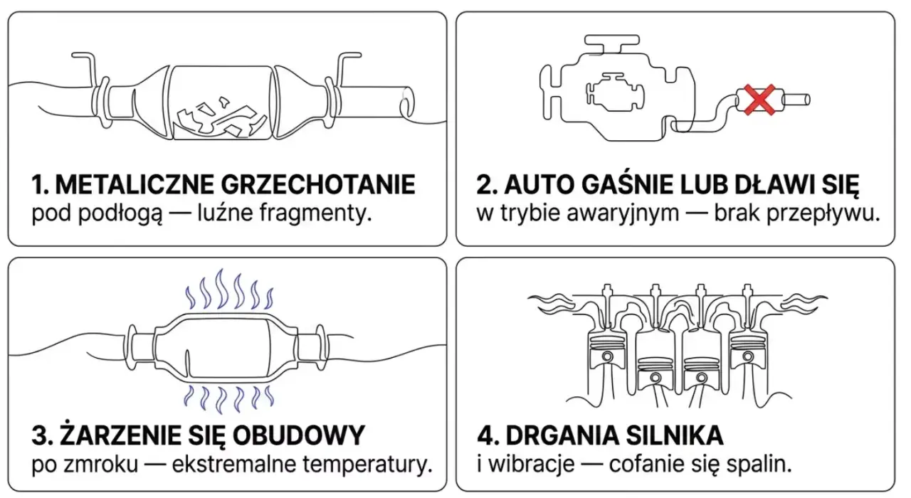Objawy uszkodzonego katalizatora: grzechotanie, gaśnięcie auta, żarzenie obudowy, drgania silnika.