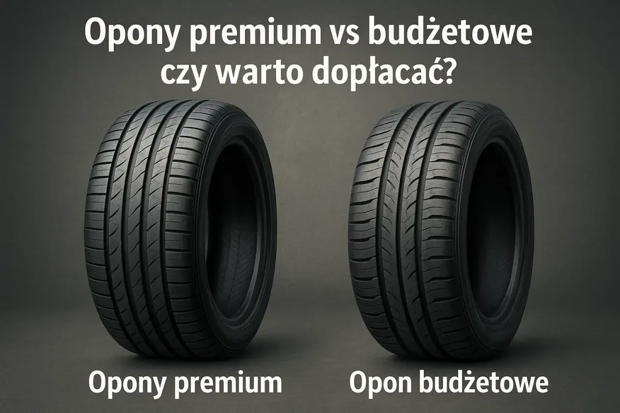 Dwie opony samochodowe: jedna premium, druga budżetowa, na ciemnym tle.