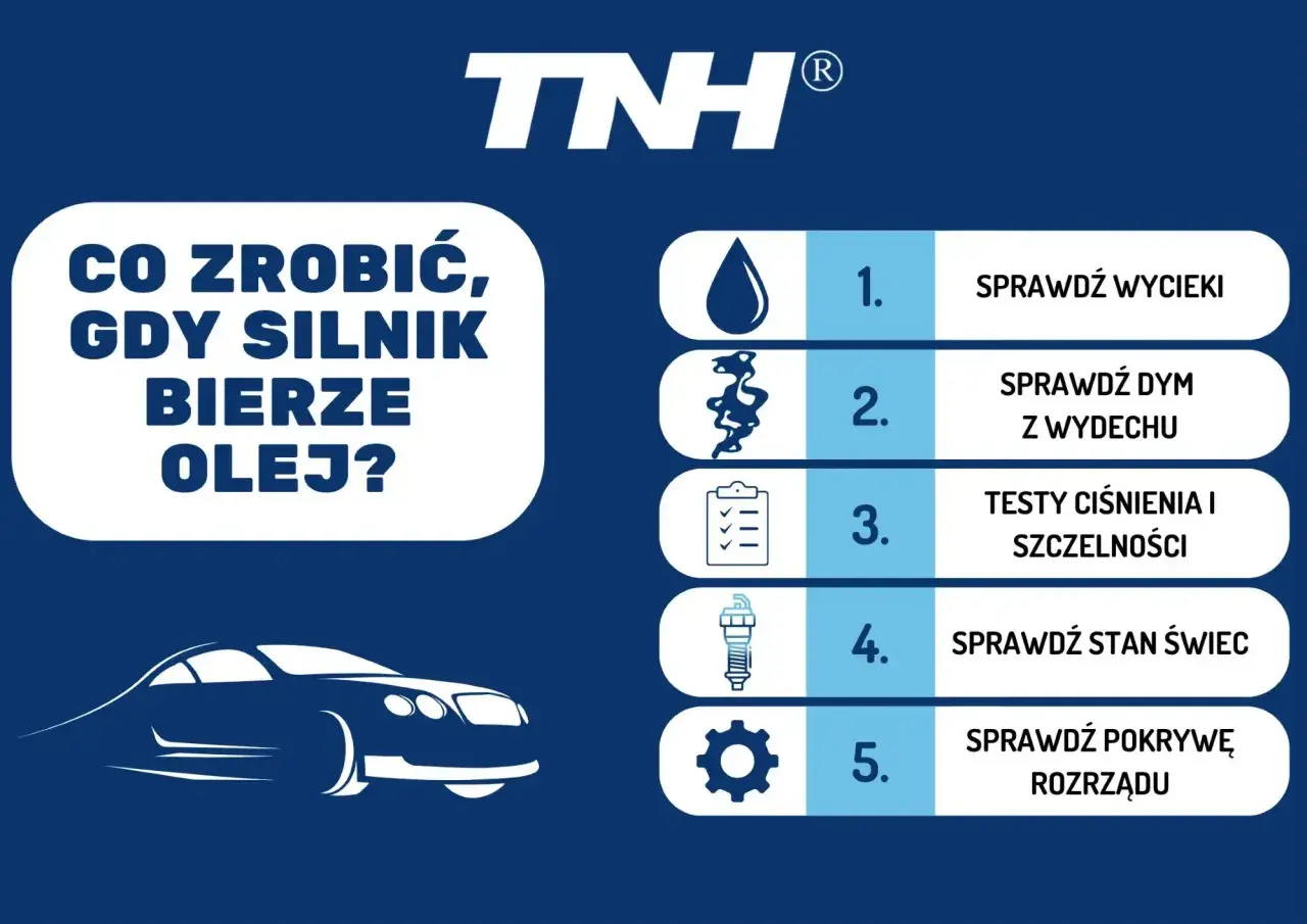 Grafika z napisem "Co zrobić, gdy silnik bierze olej?" i ikonami: kropla, dym, lista, świeca, koło zębate.
