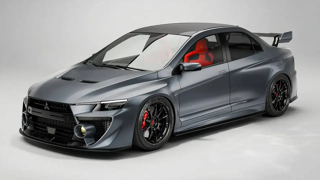 Szary Mitsubishi Lancer Evo 11 z czerwonymi fotelami sportowymi i czarnym spojlerem.