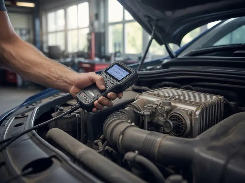 mechanik podłącza komputer diagnostyczny DPF