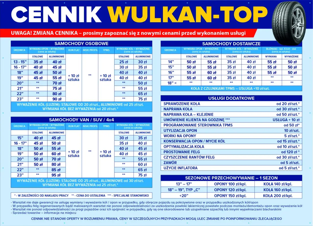 Porównanie cenników wulkanizacyjnych, planowanie wymiany opon