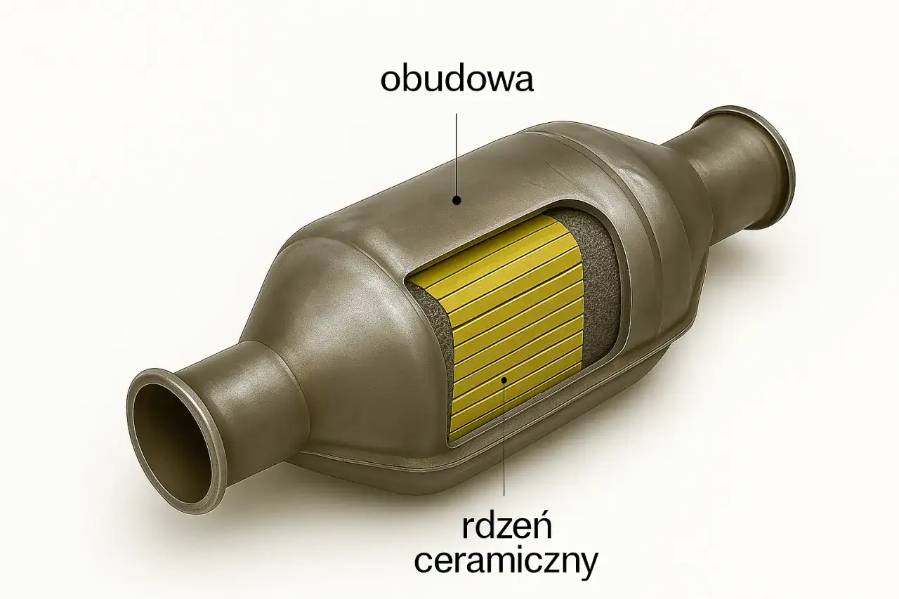 Przekrój katalizatora samochodowego: metalowa obudowa skrywa ceramiczny rdzeń z kanalikami.