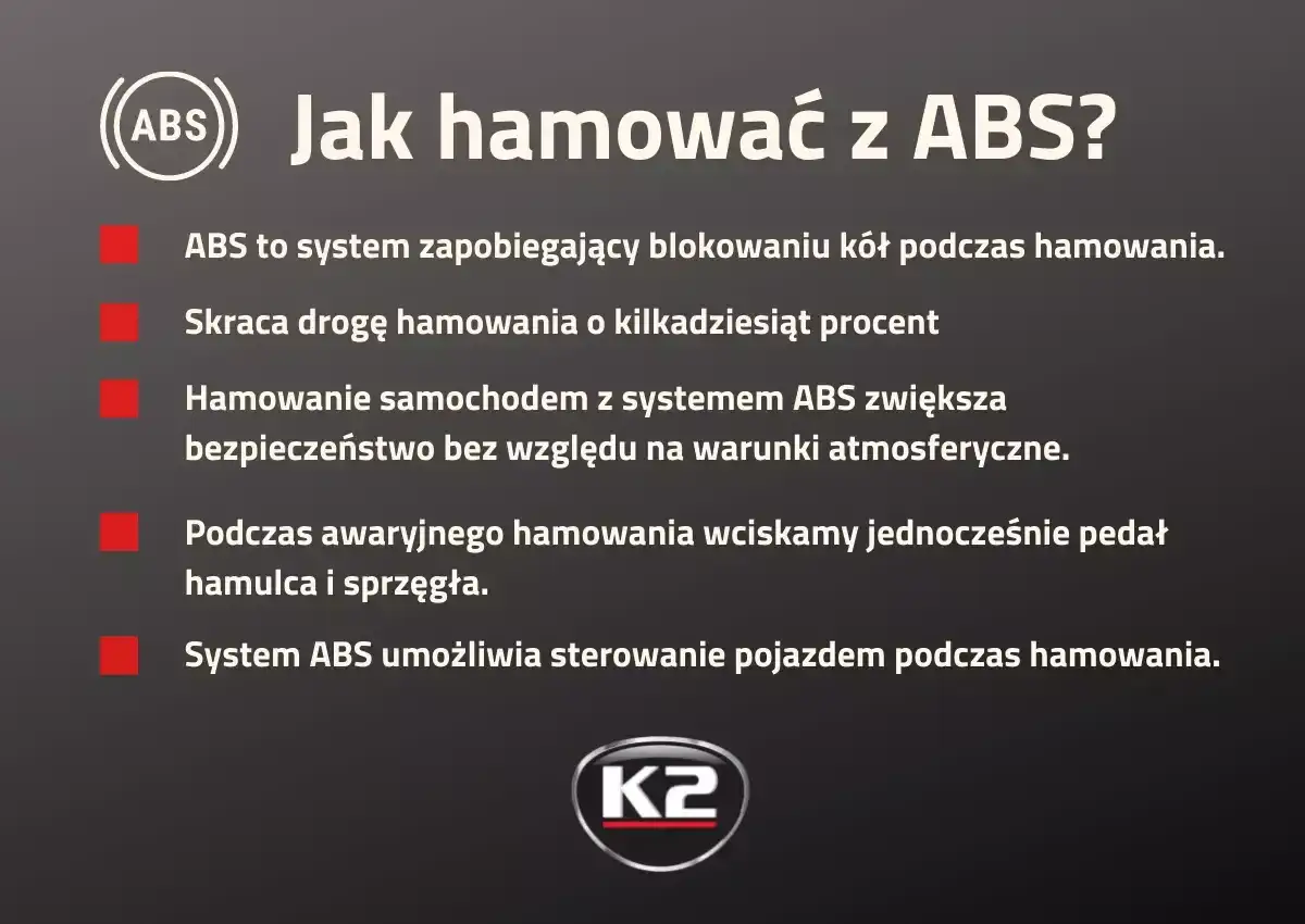 Jak hamować z ABS? System zapobiega blokowaniu kół, skraca drogę hamowania i zwiększa bezpieczeństwo. Podczas awaryjnego hamowania wciskamy hamulec i sprzęgło. ABS umożliwia sterowanie pojazdem.